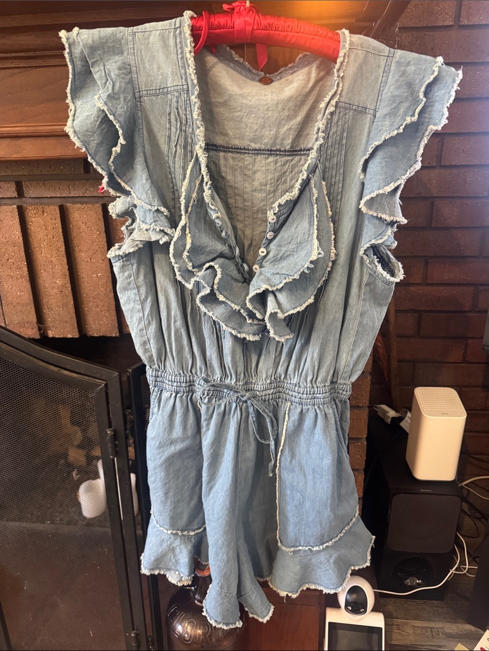 Free People Light Blue Ruffled Chambray Romper